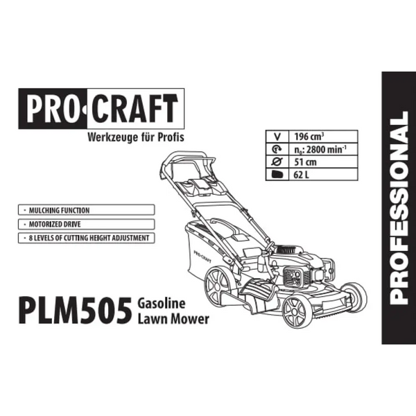 Бензинова газонокосарка Procraft PLM505, 3300 Вт, 173 см&sup3;, ширина 501 мм, висота 25&ndash;75 мм, травозбірник 60 л, самохідна PLM505 фото