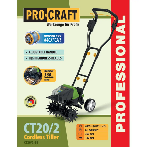 Акумуляторний культиватор Procraft CT20/2, 40V (2&times;20V), 2&times;4Ah, ширина 360 мм, глибина 180 мм, з АКБ і подвійним ЗП CT20/2_2akb(4AhMax) фото