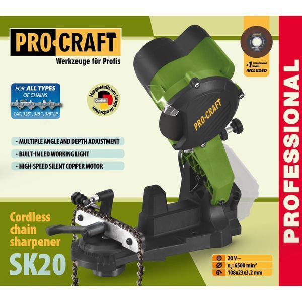 Акумуляторна заточка для ланцюгів Procraft SK20, 20В, 1 АКБ 2 Аг MAX + ЗП 20/2 ECO SK20_1akb2Ah(Max)_zp20/2Eco фото